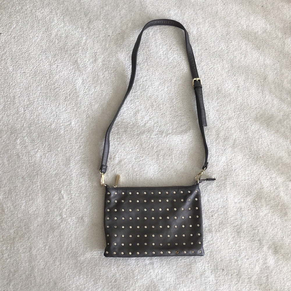 Gunmetal vegan leather crossbody bag with crystal embellishments